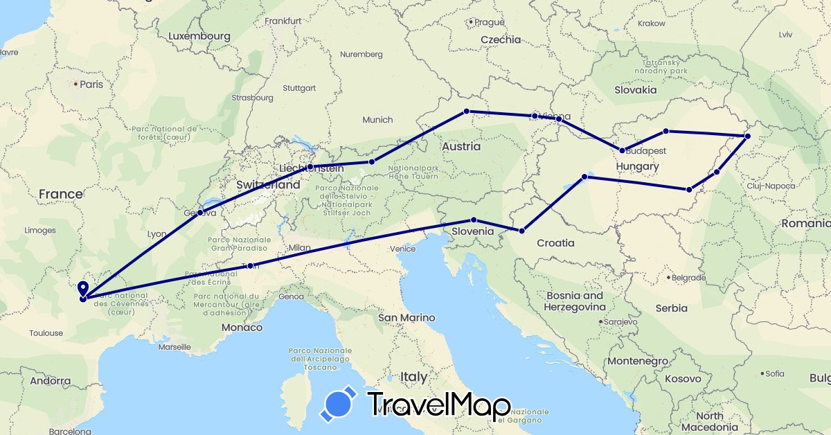 TravelMap itinerary: driving in Austria, Switzerland, France, Croatia, Hungary, Italy, Liechtenstein, Romania, Slovenia, Slovakia (Europe)